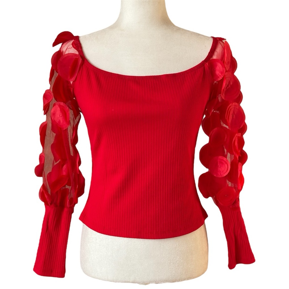 Shein Red Off Shoulder Ribbed Crop Top with Petal Sleeves M